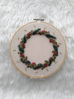 Hand Embroidered Christmas Wreath - Red Green and Gold