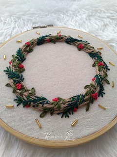 Hand Embroidered Christmas Wreath - Red Green and Gold - buy online