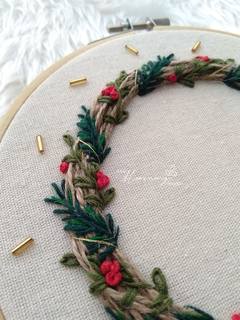 Hand Embroidered Christmas Wreath - Red Green and Gold on internet