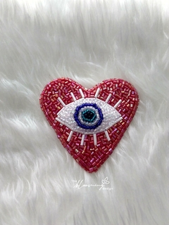 Hand Embroidered Brooch - Evil Eye Red Heart