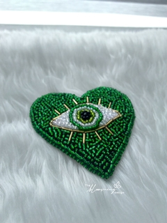 Hand Embroidered Brooch - Evil Eye Green Heart on internet