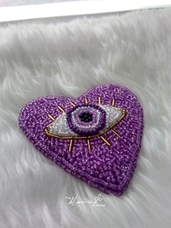 Hand Embroidered Brooch - Evil Eye Lilac Heart on internet