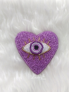 Hand Embroidered Brooch - Evil Eye Lilac Heart