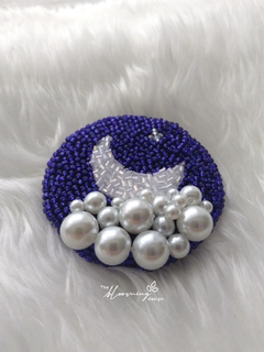 Hand Embroidered Brooch - Moon with Pearly Cloud