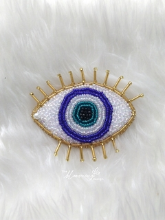 Hand Embroidered Brooch - Evil Eye Gold and White