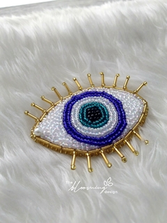 Hand Embroidered Brooch - Evil Eye Gold and White - buy online