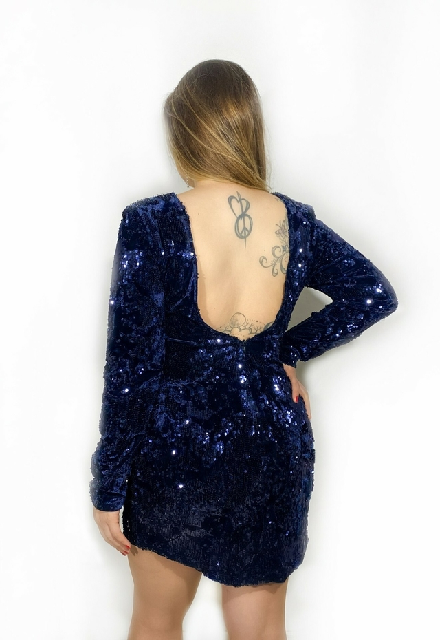 Vestido de Veludo e Paet Azul Manga Longa BLAM