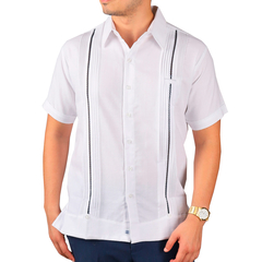 Camisa Guayabera Yucateca De Lino Para Hombre Mod. Celestun Mc Blanco Deshilado Azul marino