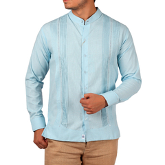 Guayabera Yucateca En Cuello Mao, Modelo Dzoncauich Con Rejillado Artesanal