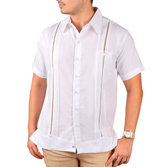 Camisa Guayabera Yucateca De Lino Para Hombre Mod. Celestun Mc Blanco Deshilado Caqui