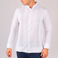 Guayabera Yucateca En Cuello Mao, Modelo Dzoncauich Con Rejillado Artesanal