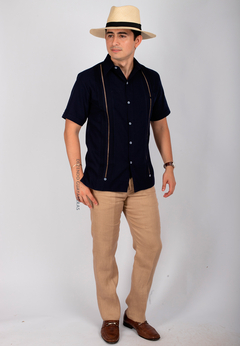 Camisa Guayabera Yucateca De Lino Para Hombre Mod. Celestun Mc Azul Marino - comprar en línea