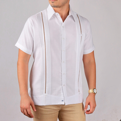 Camisa Guayabera Yucateca De Lino Para Hombre Mod. Celestun Mc Blanco Deshilado Caqui - comprar en línea