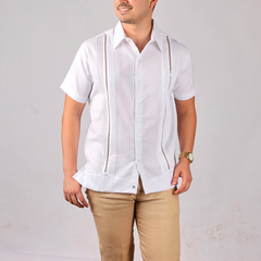 Camisa Guayabera Yucateca De Lino Para Hombre Mod. Celestun Mc Blanco Deshilado Caqui en internet