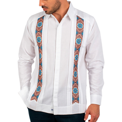 Guayabera De Lino Bordada En Punto De Cruz Mod Ixil