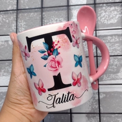 Caneca com Colher Floral e Borboletas com Nome - comprar online