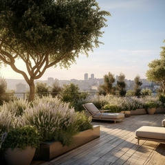 Terraza con plantas exclusivas y diseño de jardines online, ofreciendo una vista panorámica atractiva.