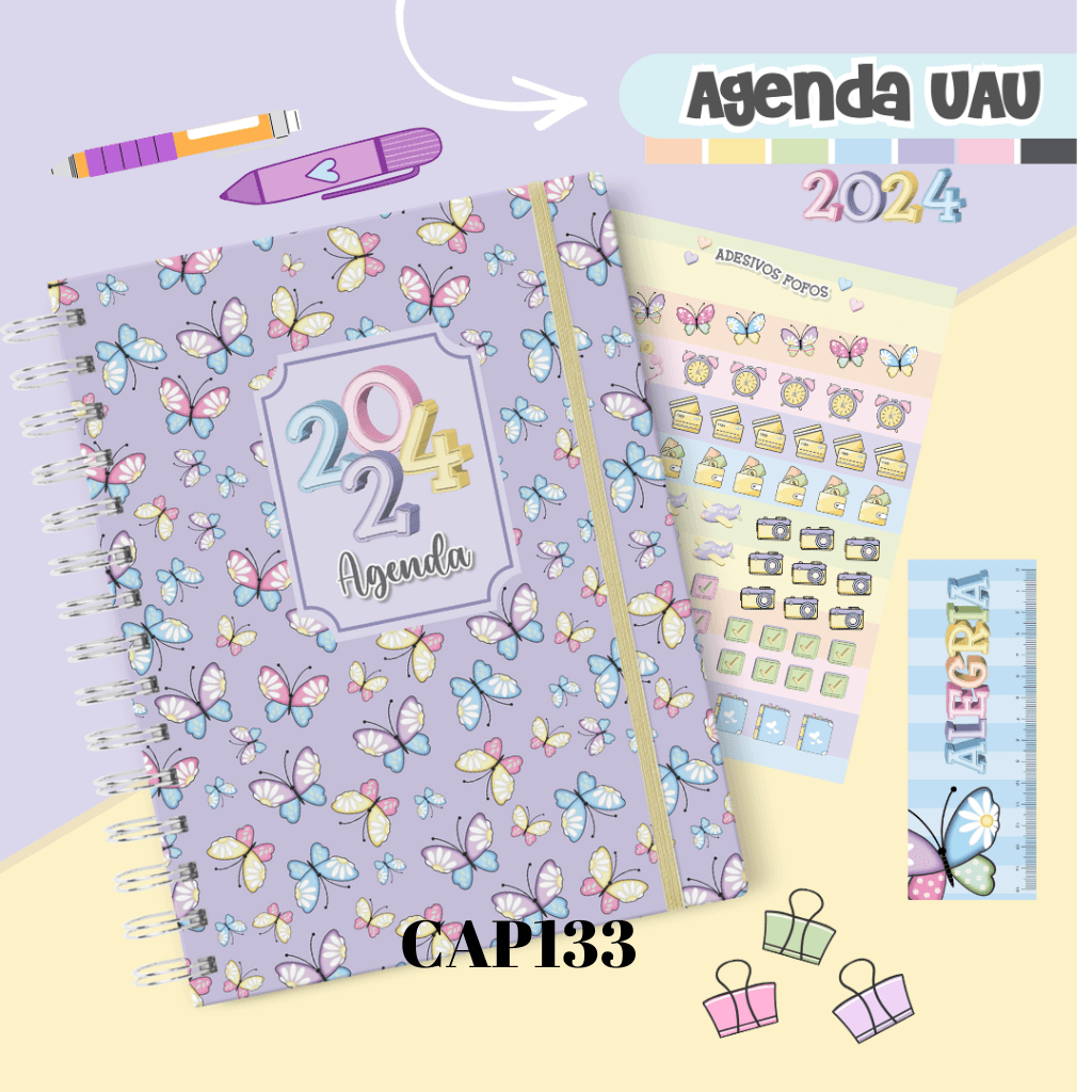 Agenda Uau Datada 2024 - 1 DPP (1 dia por página) - Capa Rosa ou Azul com  Alfabeto - com horário