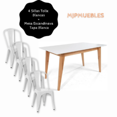 Combo: Mesa Esc. BLANCA + 4 Sillas TOLIX - MJPMUEBLES