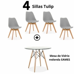 Combo: Mesa de vidrio redonda Eames + 4 Sillas Tulip - MJPMUEBLES