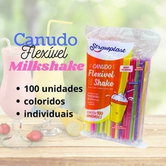 100 Canudo Flexível Milk Shake Colorido 23cm X 8mm Strawplast