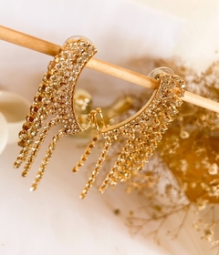 Brinco Ear Cuff, Franja, Cravejado Pedra de Zircônia Cristal Banho de Ouro Amarelo, Festa. 1293