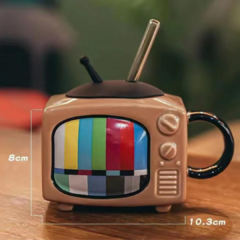 Caneca 450ml formato TV estilo retrô em cerâmica com tampa.