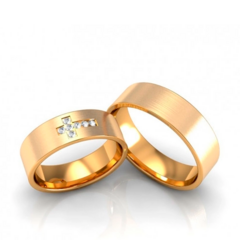 Alianças de Casamento Reta 6mm Fosca Cruz Pedras Zircônia Ouro 18k