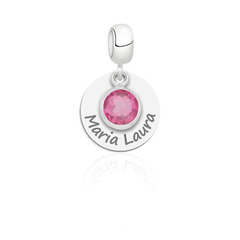 Berloque personalizado redondo com cristal rosa pendurado prata 925 legítimo