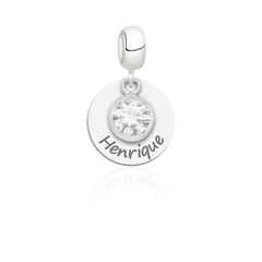 Berloque personalizado redondo com cristal transparente pendurado prata 925 legítimo