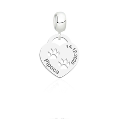 Berloque personalizado coração 2 patinhas de gato vazadas original prata 925 legítimo