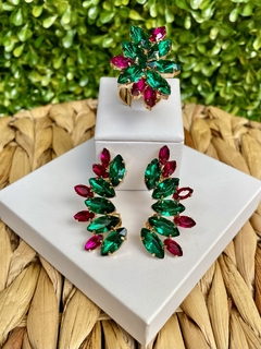 Conjunto Anel e Brinco Pedras Fucsia e Verde