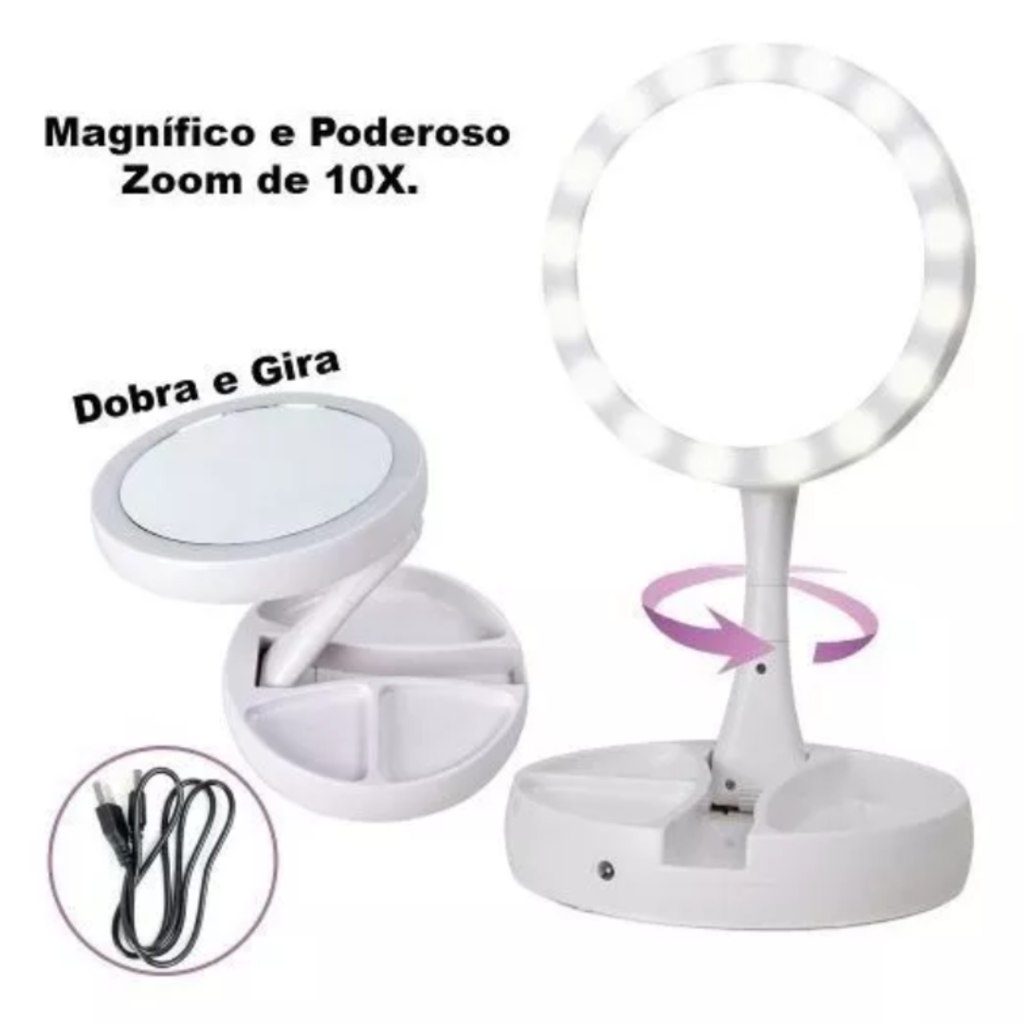 Espelho de Mesa Dobrável p/ Maquiagem c/ Zoom 10x e Luz Led