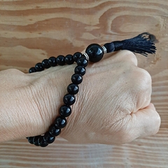 Japamala 27 Contas Ônix Pedra Natural 8mm Tassel Preto Metal Prata Tibetana Pulseira Budista de Meditação