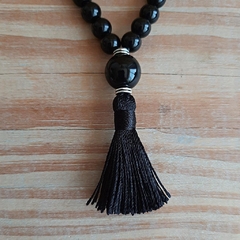 Japamala 27 Contas Ônix Pedra Natural 8mm Tassel Preto Metal Prata Tibetana Pulseira Budista de Meditação na internet