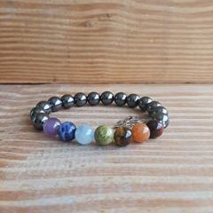 Pulseira Hematita com 7 Chakras em Pedra Natural 8mm e Pingente Lótus