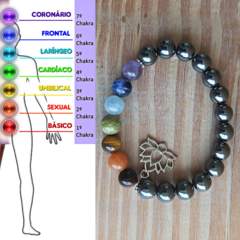 Pulseira Hematita com 7 Chakras em Pedra Natural 8mm e Pingente Lótus - loja online