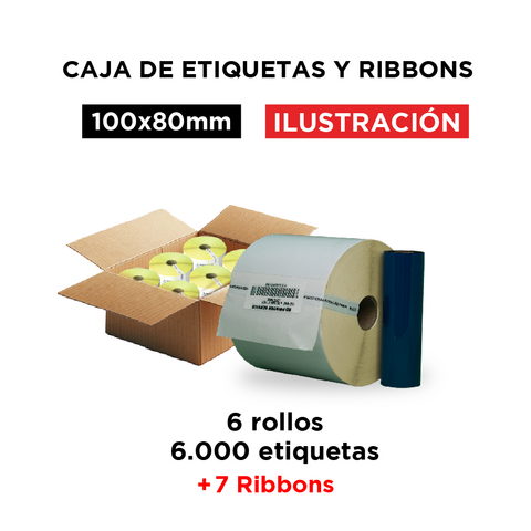 Caja etiquetas 100 x 80 mm. + ribbon 110x74 cera