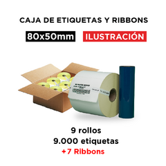 Caja etiquetas 80 x 50 mm. + ribbon 110x74 cera