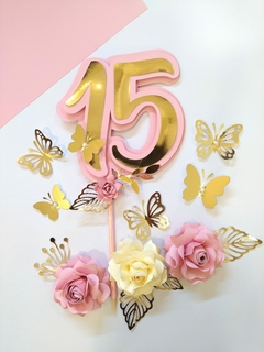 Topper Deco tortas N° 15 años +rosas