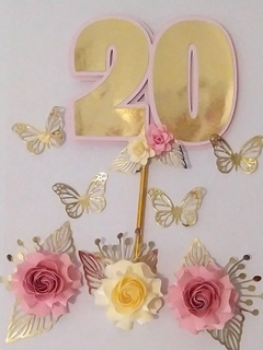 Cake topper numero + rosas y mariposas
