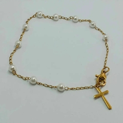 Pulsera Dorada "perlas y cruz" hipoalergénica