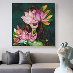 Quadro decorativo mulher com flor de lótus.