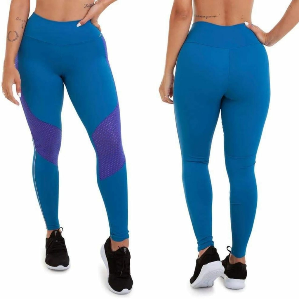 Calça Legging Poliamida com Tela e Recortes Azul Bebê