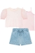 Trio de Blusa Regata em Cotton e Sobreposição em Tule com Shorts em Jeans Bellini - Lyllis Kids