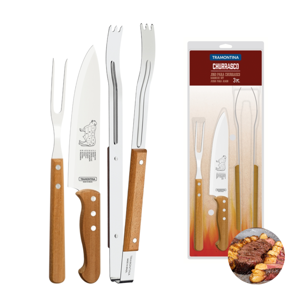 Kit Jogo Facas Cozinha Tramontina Inox Cabo Madeira 4 Peças