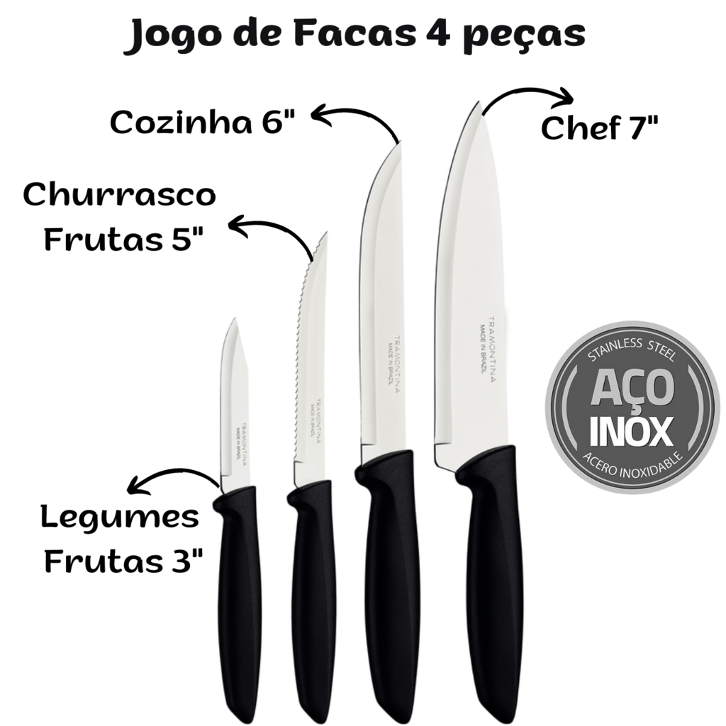 Kit Jogo Facas Cozinha Tramontina Inox Cabo Madeira 4 Peças