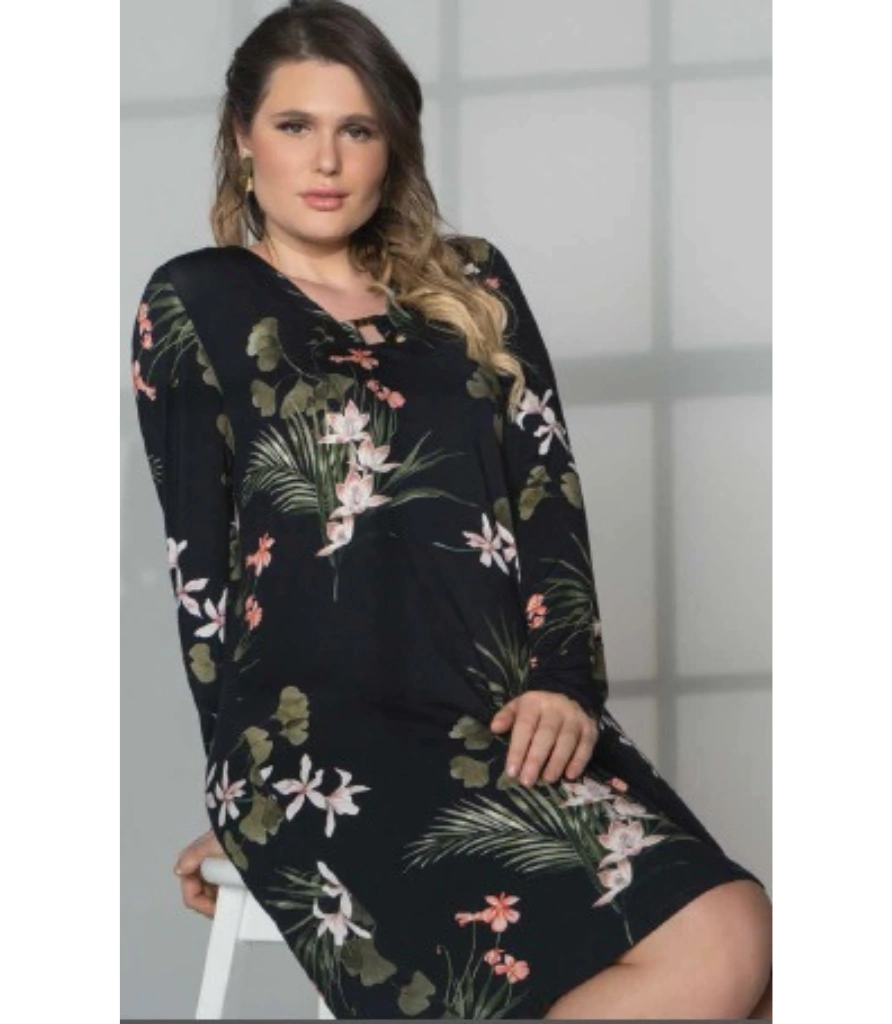 VESTIDO PLUS FLORES MANGA LONGA SECRET GLAM