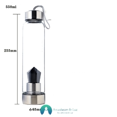 Garrafa De Vidro com Infusora Muladhara em Cristal Obsidiana - Amanhecer de Luz - Seu Universo de Luz Loja Online de Artigos Religiosos