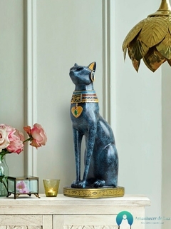 Escultura Gato Egípcio Deusa Bastet em Resina Marmorizado Azul - loja online